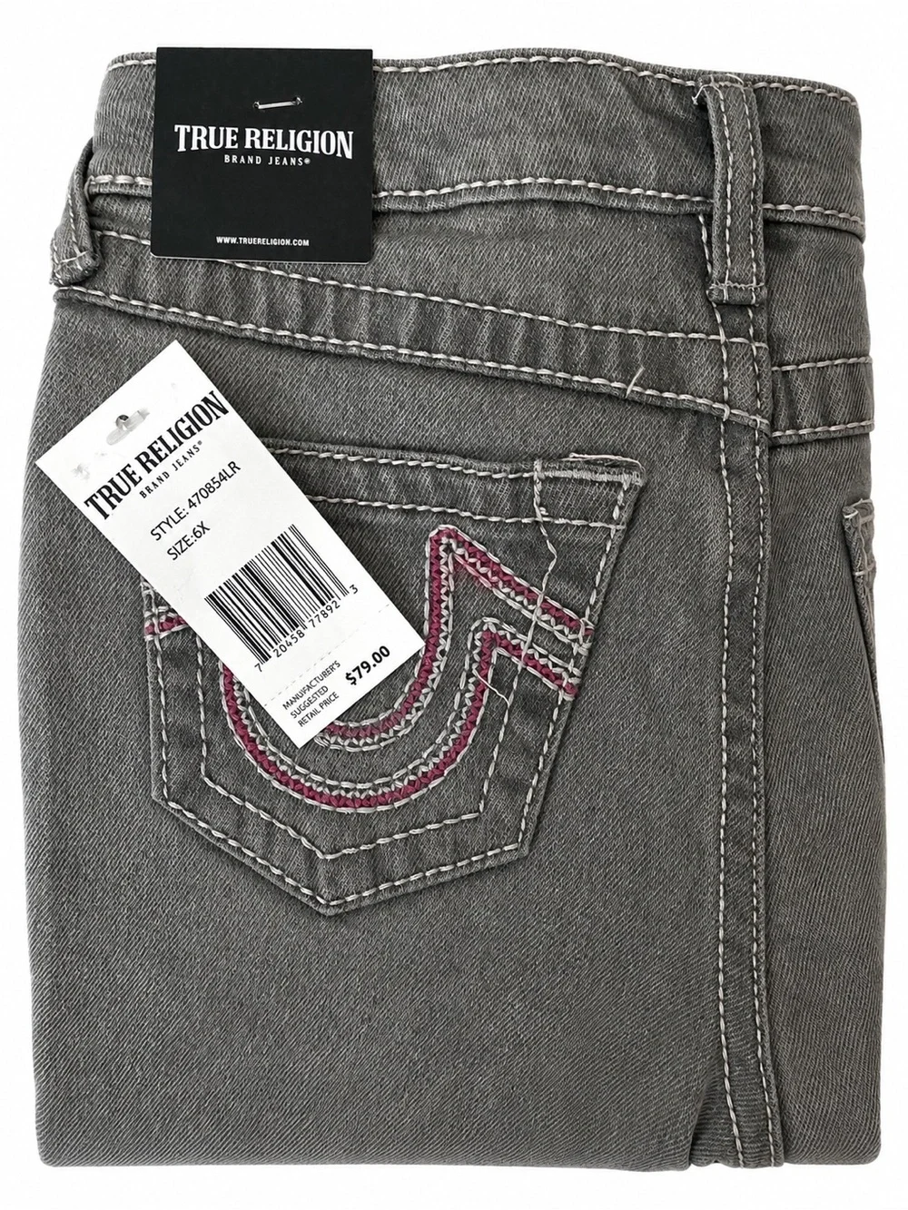 True Religion Girls Size 6X Gray Bootcut Jeans Pink Stitching NWT (Cross Posted)